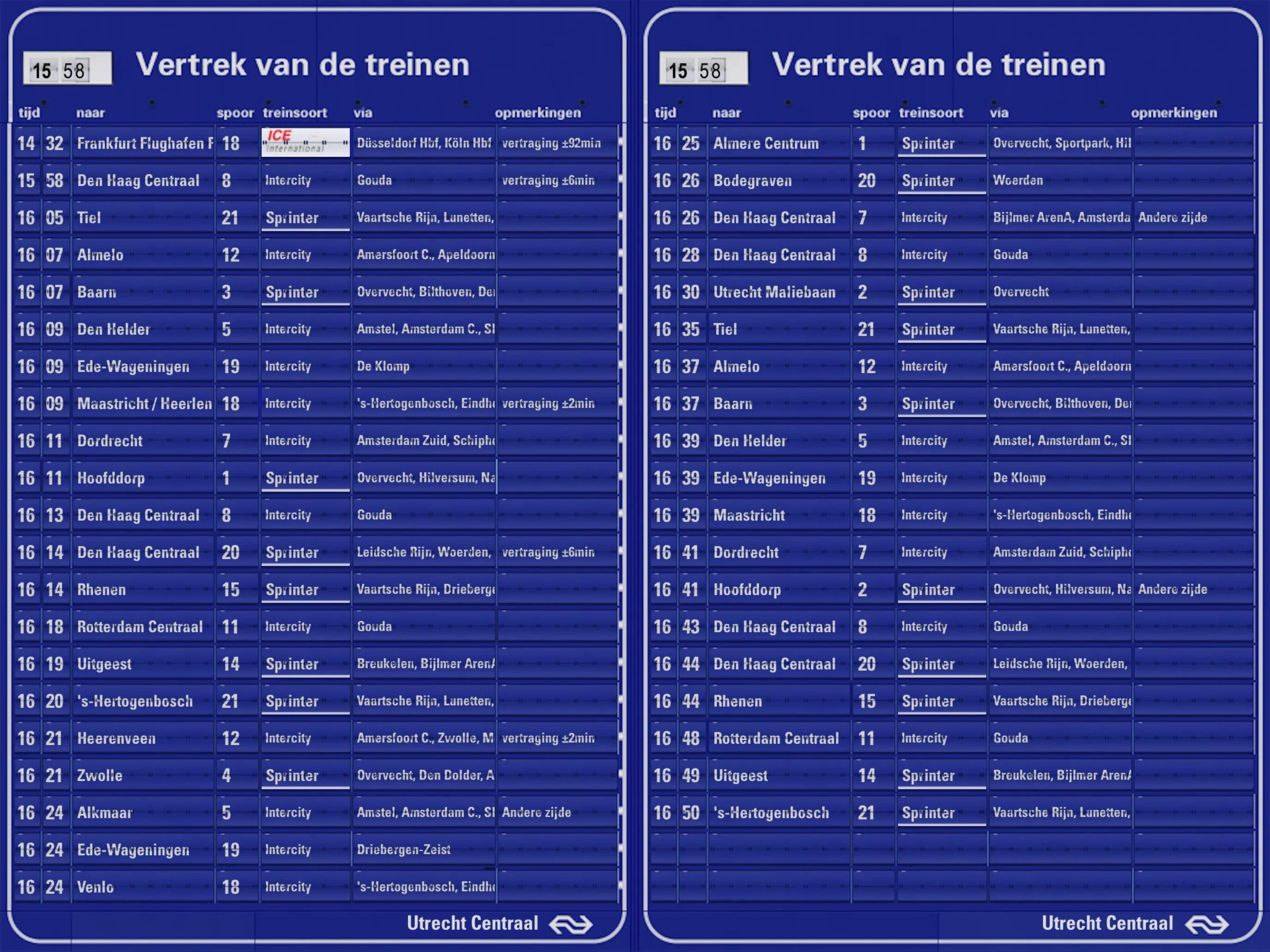 Het blauwe bord op een iPad, met vertrekkende treinen vanaf Utrecht Centraal.